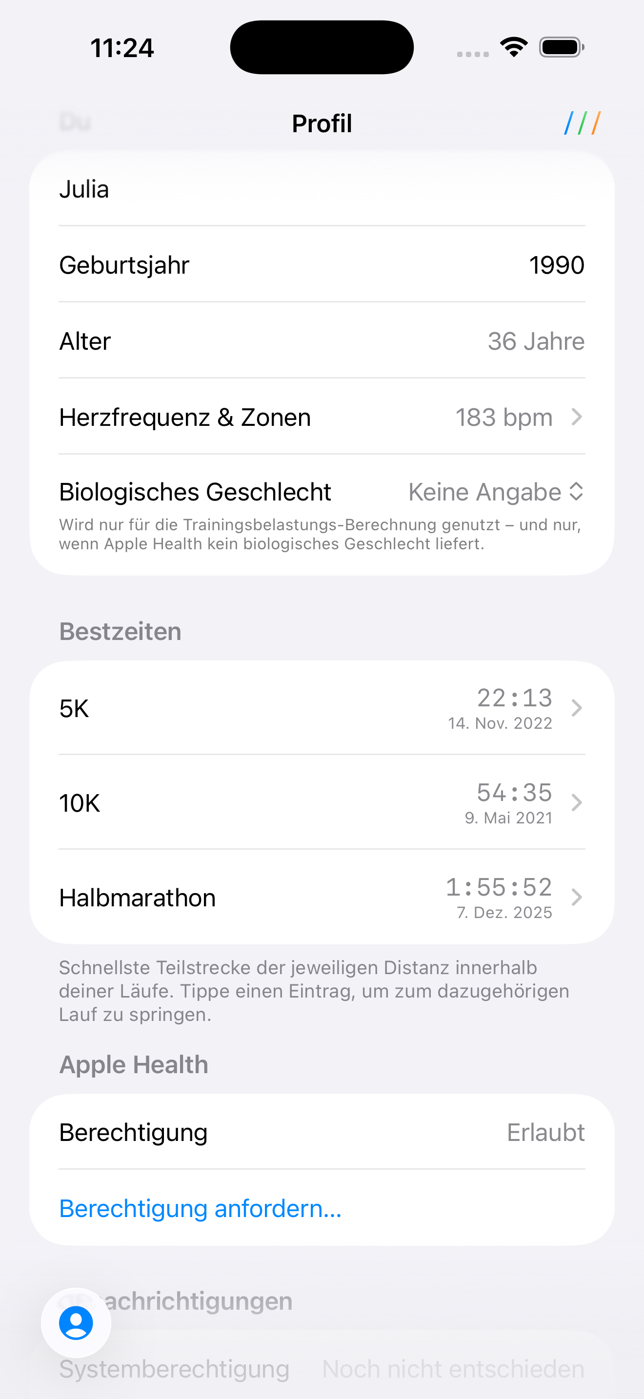 Profil-Ansicht mit Datenschutz-Hinweisen