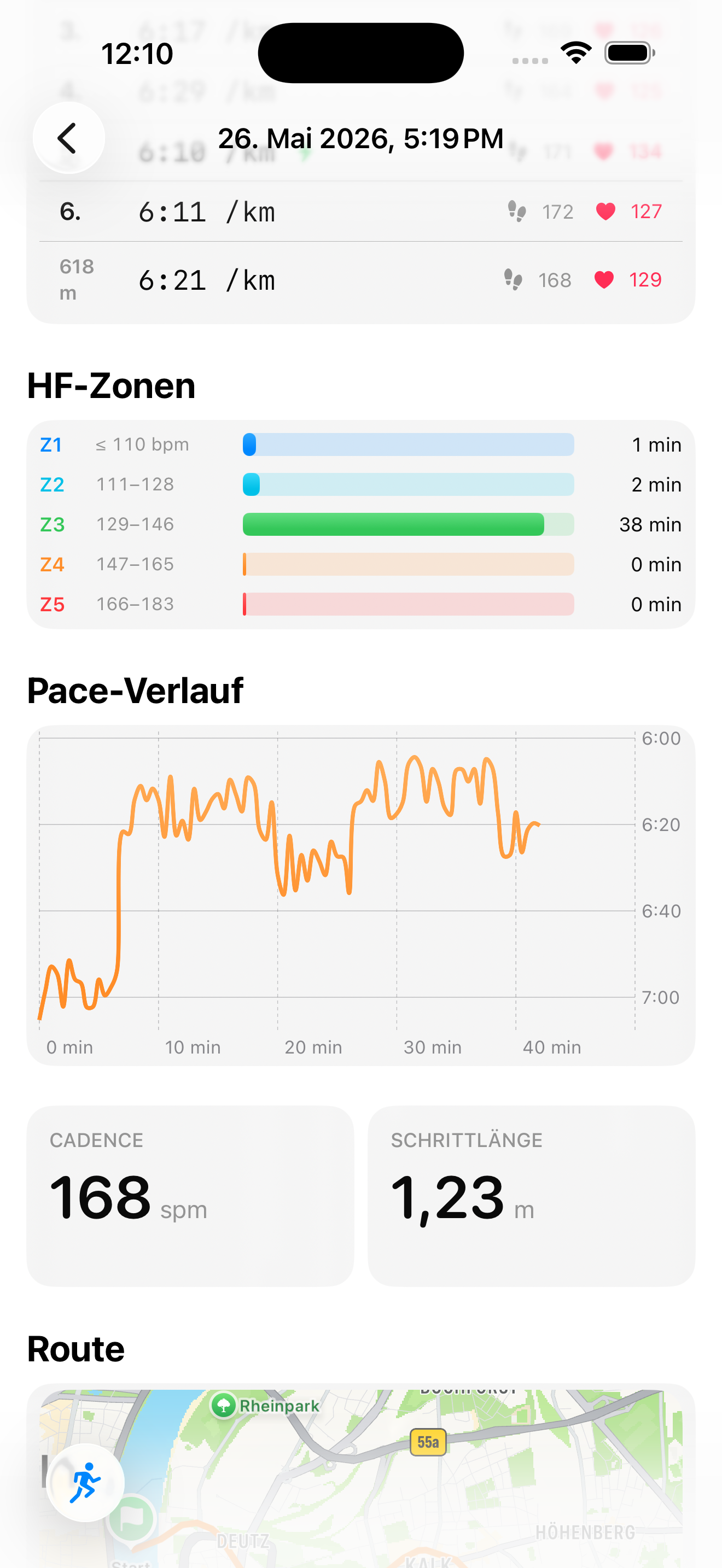 Workout-Detail mit Karte, Splits und Herzfrequenz-Zonen